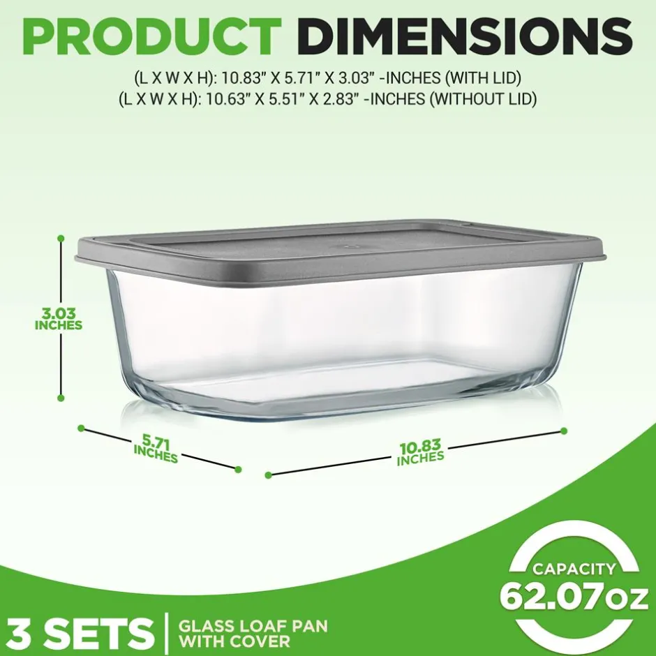 6-Piece Glass Loaf Pan Set - Airtight Lids, Stackable, Oven Safe, Clear<NutriChef Outlet