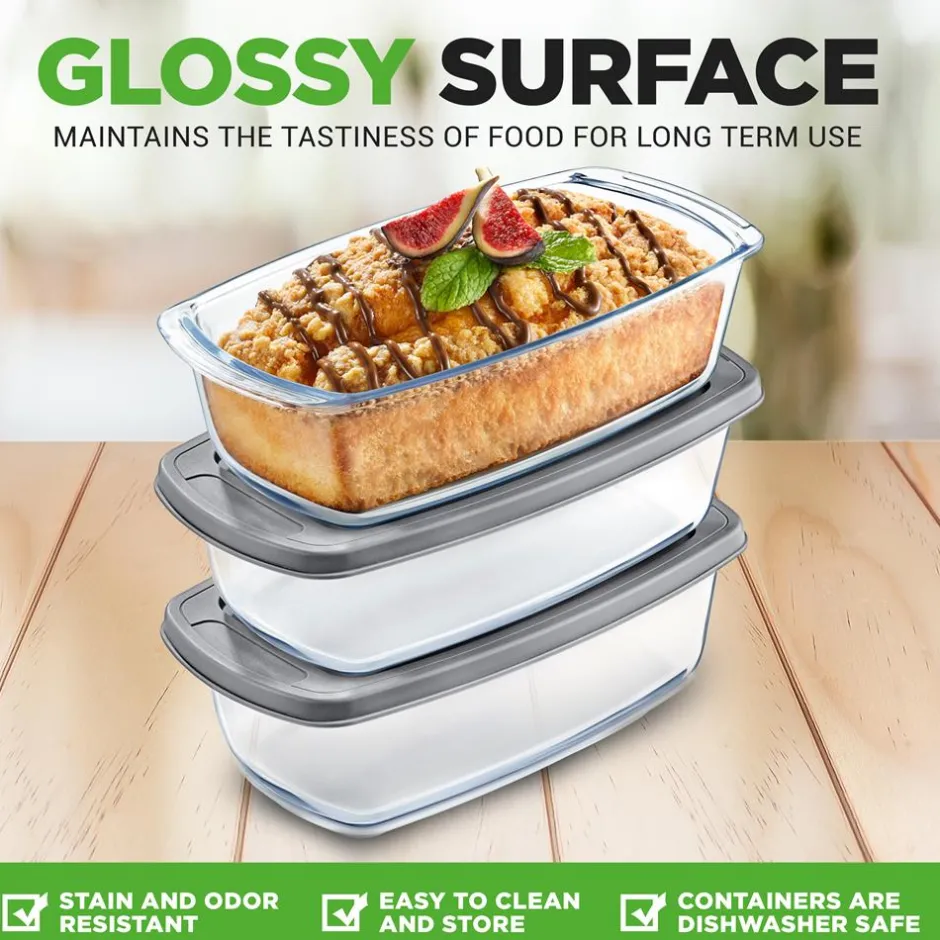 6-Piece Glass Loaf Pan Set - Airtight Lids, Stackable, Oven Safe, Clear<NutriChef Outlet