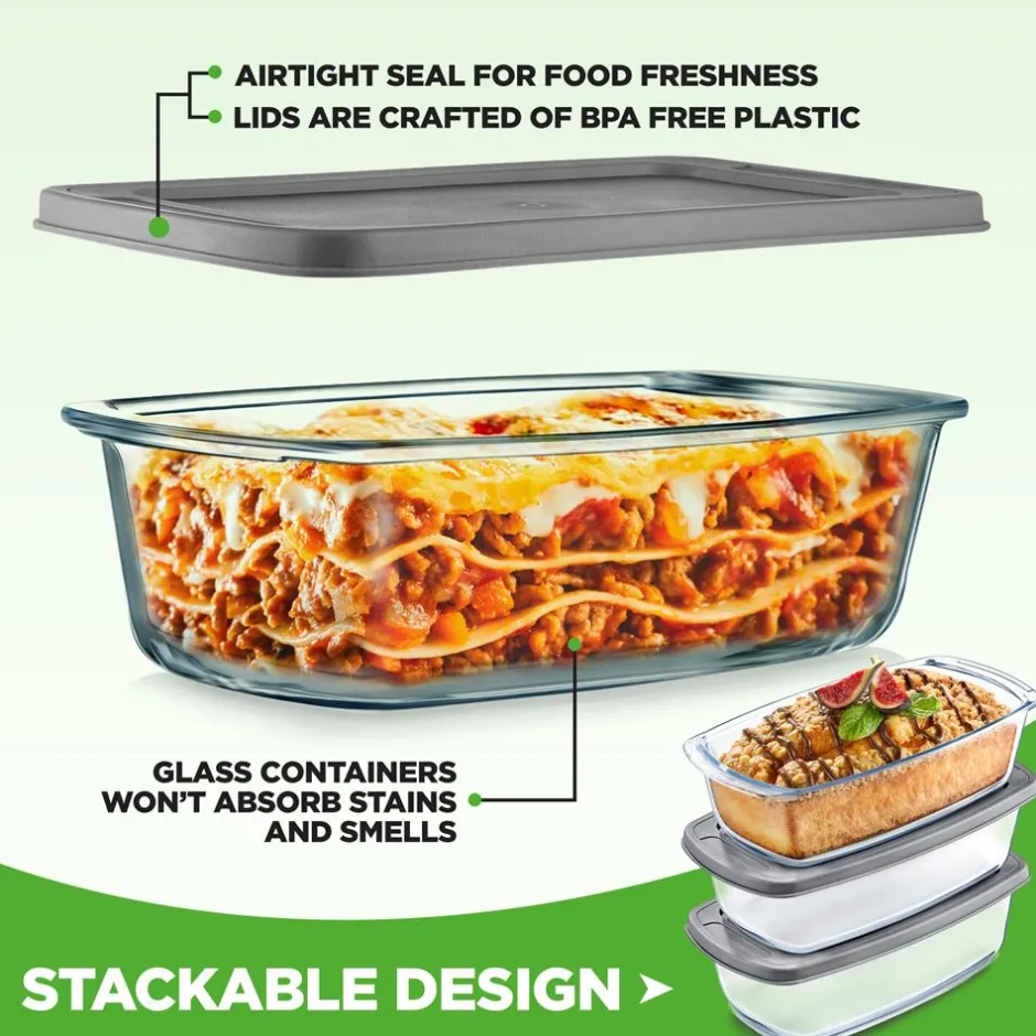 6-Piece Glass Loaf Pan Set - Airtight Lids, Stackable, Oven Safe, Clear<NutriChef Outlet