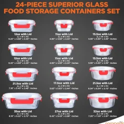 24-Piece Glass Storage Set, Leak-Proof, High Borosilicate, Red Lids<SereneLife Best