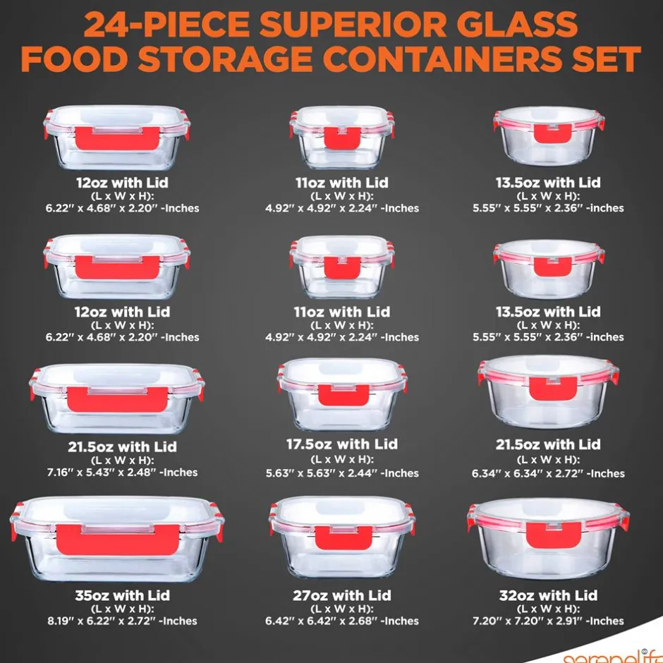 24-Piece Glass Storage Set, Leak-Proof, High Borosilicate, Red Lids<SereneLife Best