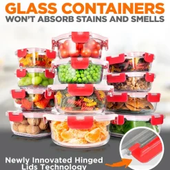 24-Piece Glass Storage Set, Leak-Proof, High Borosilicate, Red Lids<SereneLife Best