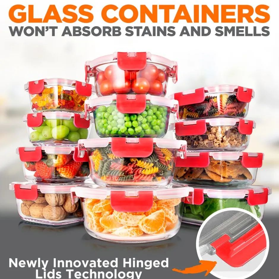 24-Piece Glass Storage Set, Leak-Proof, High Borosilicate, Red Lids<SereneLife Best