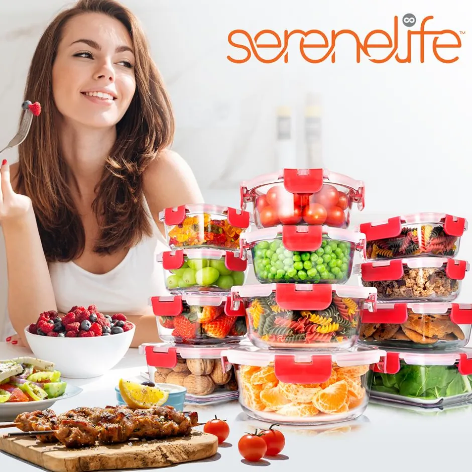 24-Piece Glass Storage Set, Leak-Proof, High Borosilicate, Red Lids<SereneLife Best