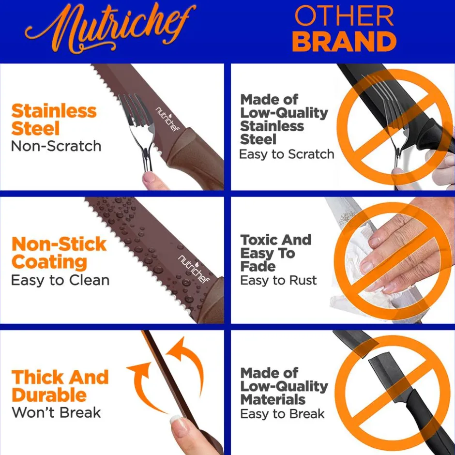 8-Piece Kitchen Knife Set - Long-Lasting Sharpness, Non-stick, Brown<NutriChef New