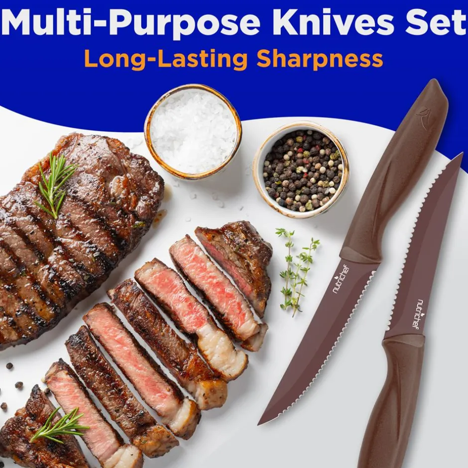 8-Piece Kitchen Knife Set - Long-Lasting Sharpness, Non-stick, Brown<NutriChef New