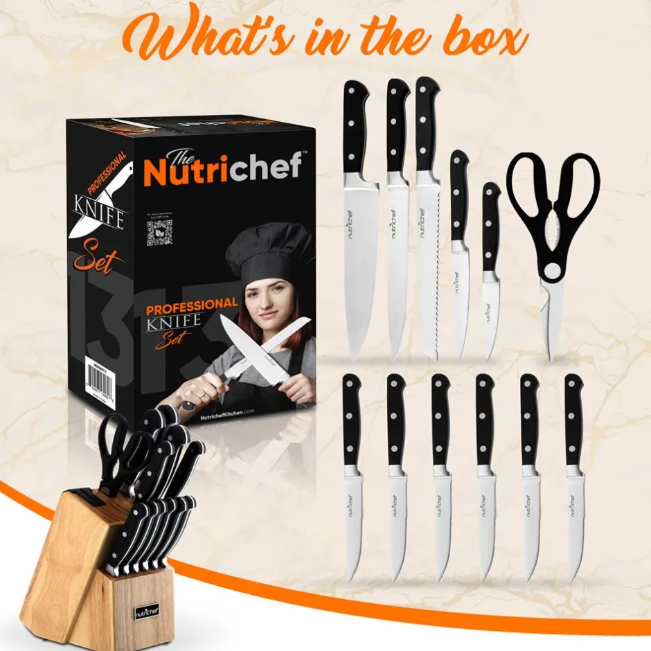 13-Piece Knife Set with Block, Precision German Steel, Built-In Sharpener<NutriChef Discount