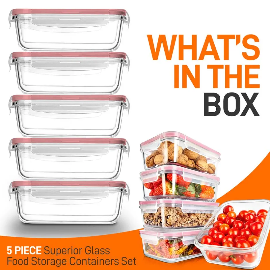 10-Piece Leakproof Glass Containers Set, Freezer-to-Oven Safe, Red<NutriChef