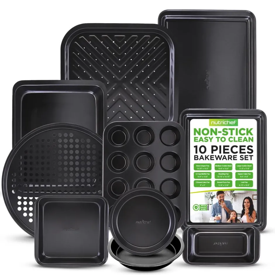 10-Piece Nonstick Bakeware Set - Easy Release Carbon Steel, Gray<NutriChef Clearance