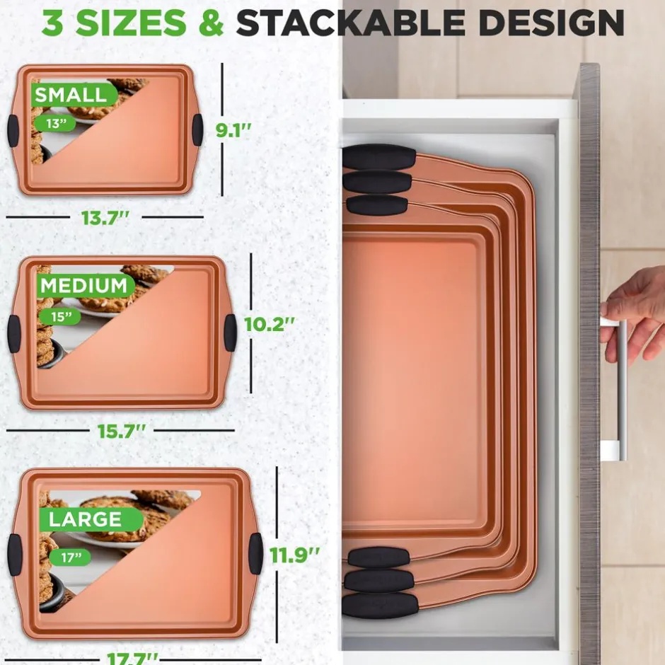 3-Piece Nonstick Bakeware Set - Flexible Carbon Steel, Silicone Handles<NutriChef Hot