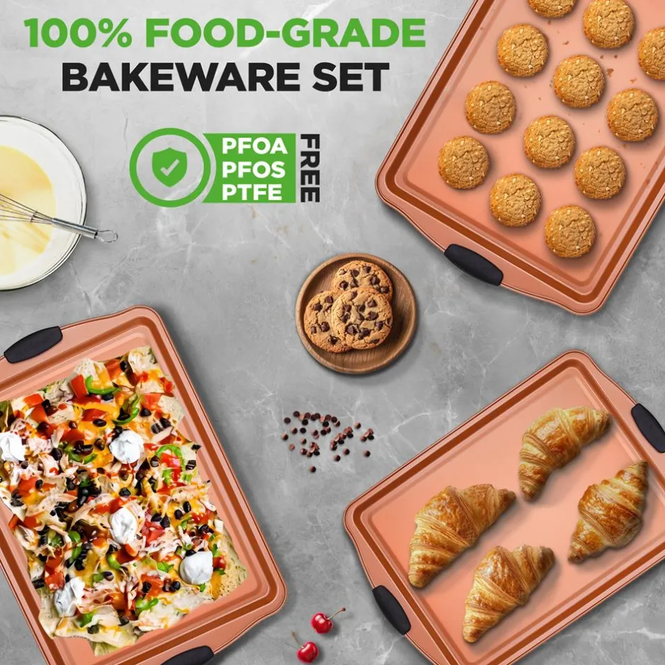 3-Piece Nonstick Bakeware Set - Flexible Carbon Steel, Silicone Handles<NutriChef Hot