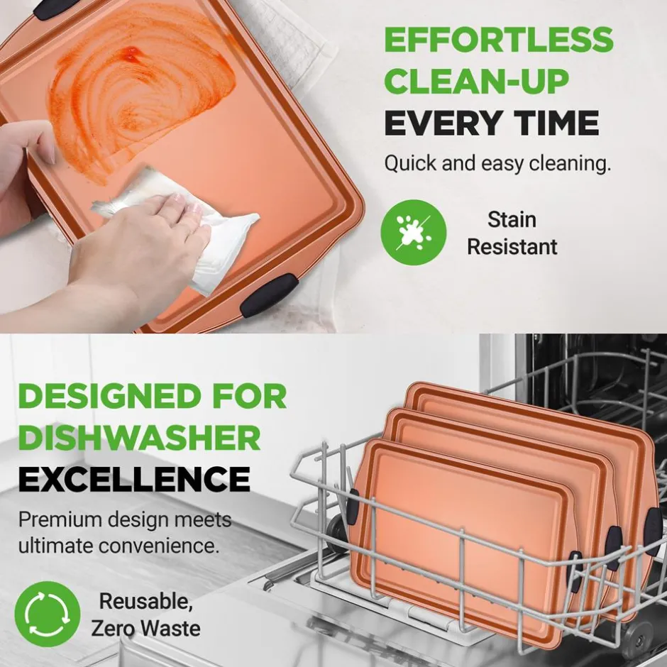 3-Piece Nonstick Bakeware Set - Flexible Carbon Steel, Silicone Handles<NutriChef Hot