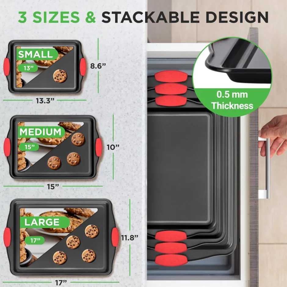 3-Piece Nonstick Baking Pan Set - Easy Clean Carbon Steel 0.4mm, Red Handles<NutriChef Clearance