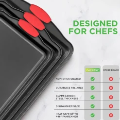 3-Piece Nonstick Baking Pan Set - Easy Clean Carbon Steel 0.4mm, Red Handles<NutriChef Clearance