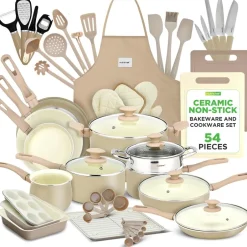 54-Piece Non-Stick Cookware Set, Even Heat Ceramic Coating, Taupe Brown<NutriChef Best