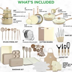 54-Piece Non-Stick Cookware Set, Even Heat Ceramic Coating, Taupe Brown<NutriChef Best