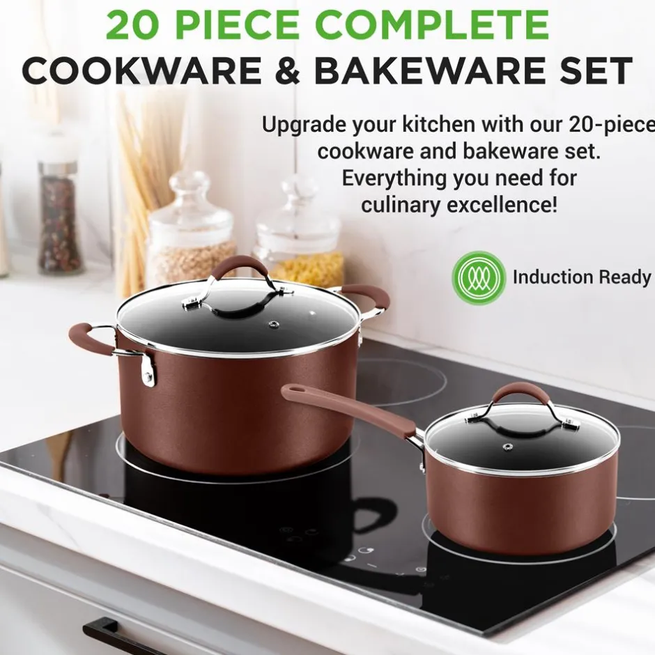 20-Piece Non-Stick Cookware Set, Even Heat, Cool-Touch Handles, Brown<NutriChef