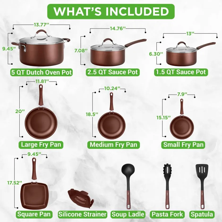 20-Piece Non-Stick Cookware Set, Even Heat, Cool-Touch Handles, Brown<NutriChef