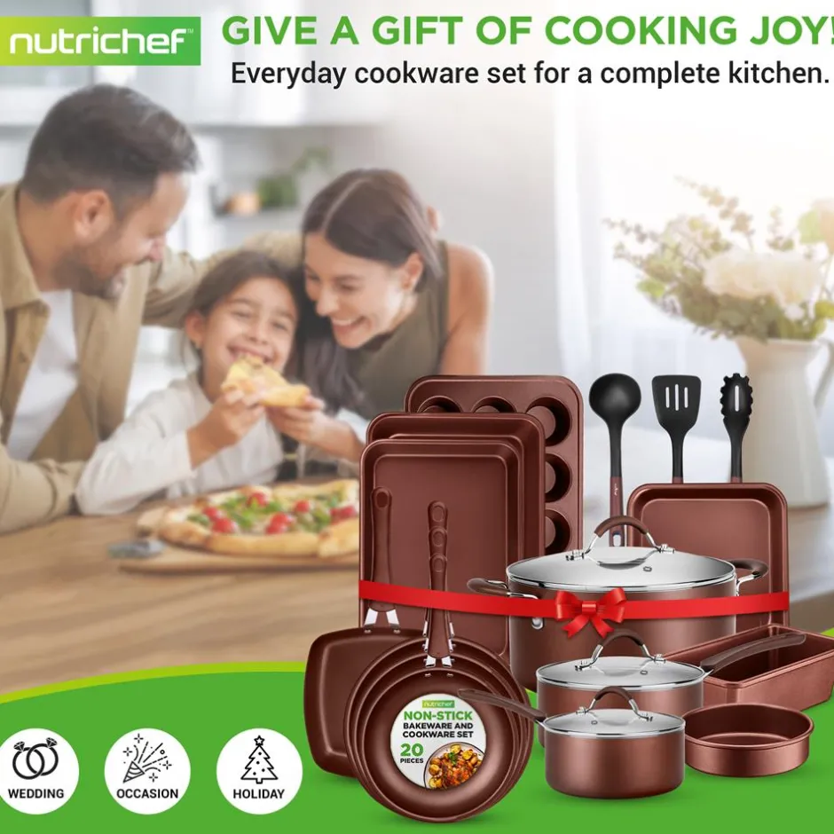 20-Piece Non-Stick Cookware Set, Even Heat, Cool-Touch Handles, Brown<NutriChef