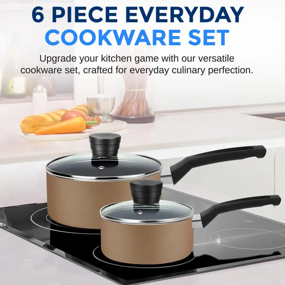 6-Piece Nonstick Cookware Set - Even Heat, Durable Coating, Gold<SereneLife Clearance