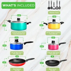 15-Piece Non-Stick Cookware Set, Even Heat, Colorful Lacquer Finish<NutriChef Online
