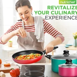 15-Piece Non-Stick Cookware Set, Even Heat, Colorful Lacquer Finish<NutriChef Online