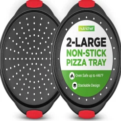 2-Piece Nonstick Pizza Tray Set, Easy Release, Carbon Steel, Gray<NutriChef Hot