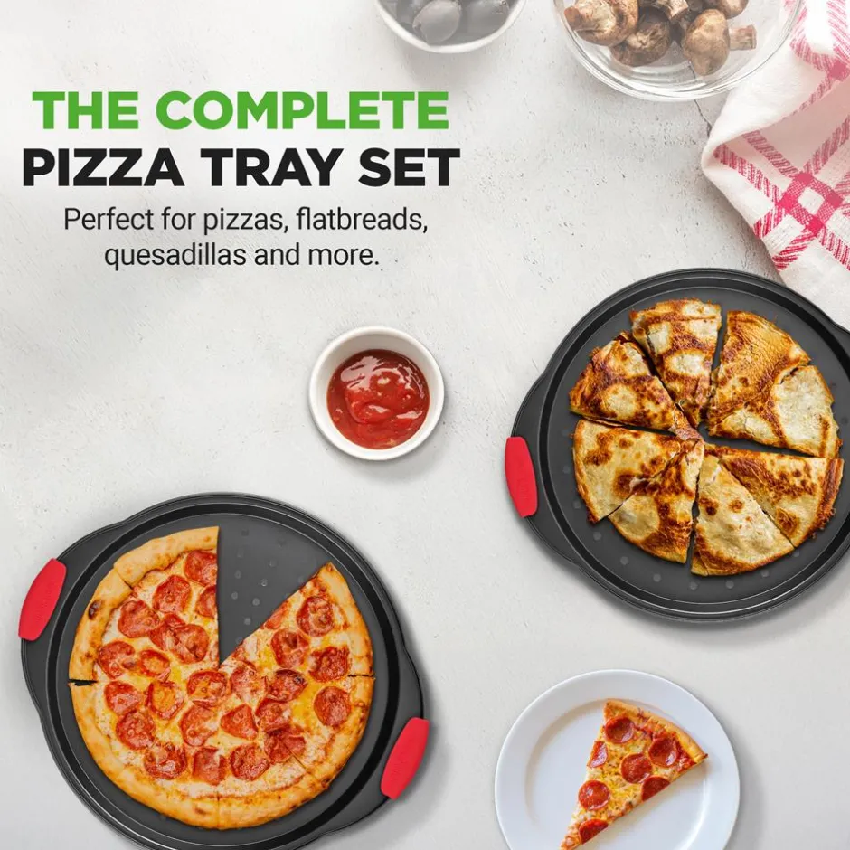 2-Piece Nonstick Pizza Tray Set, Easy Release, Carbon Steel, Gray<NutriChef Hot