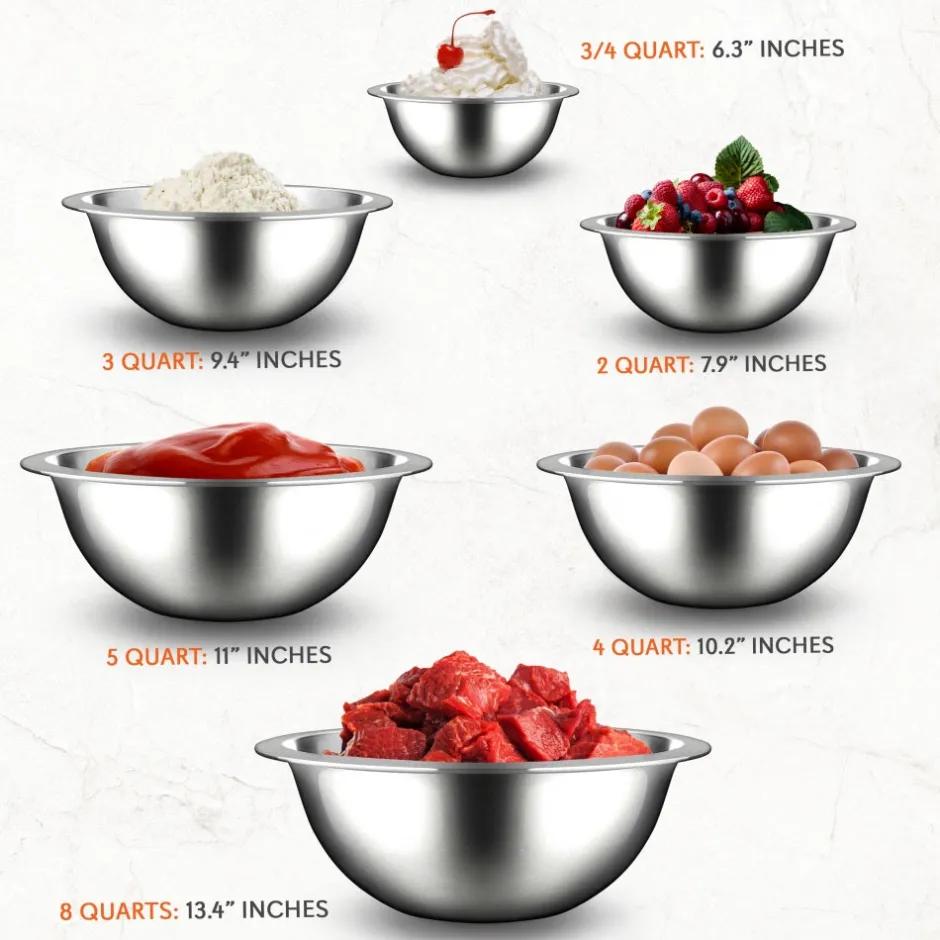 6-Piece Stainless Steel Mixing Bowls Set - Stackable, Dishwasher Safe<NutriChef Clearance