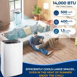 Portable Air Conditioner 14,000 BTU Efficient Cooling Dehumidifier White<SereneLife