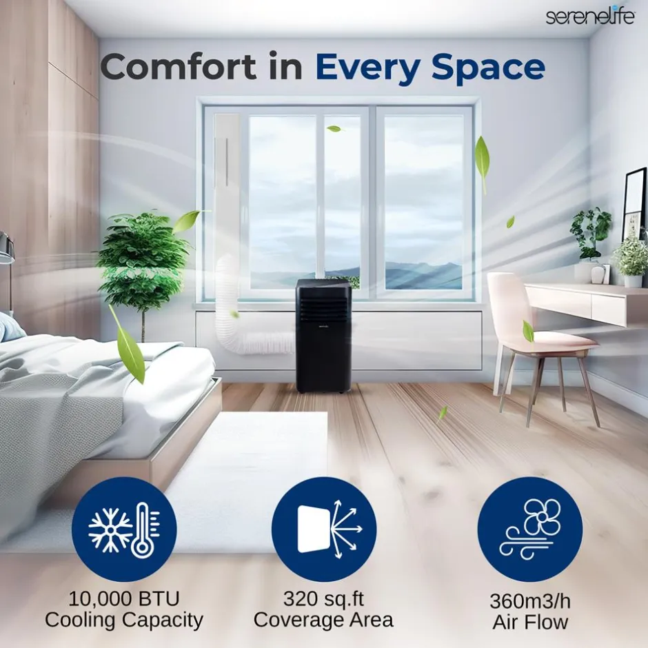 Portable Air Conditioner 10000 BTU Efficient Cooling Compact White<SereneLife