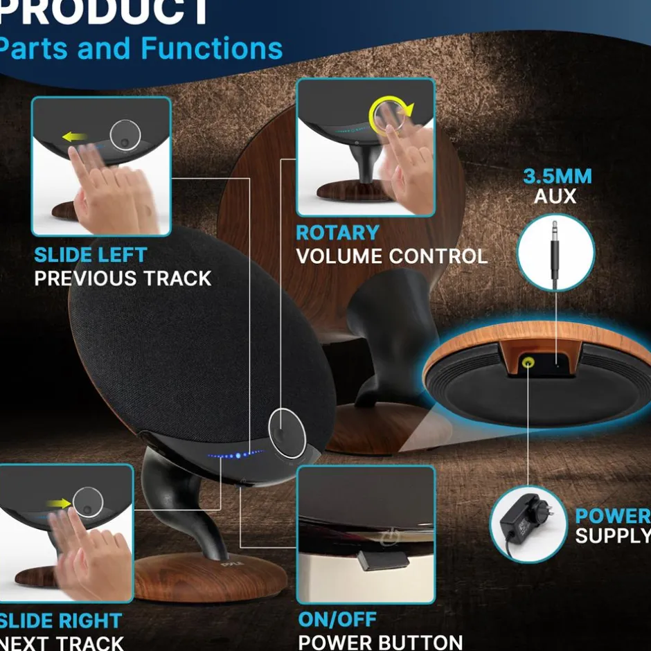 Portable Bluetooth Gramophone Speaker, Super Bass, Built-in Subwoofer, Oak<Pyle Clearance