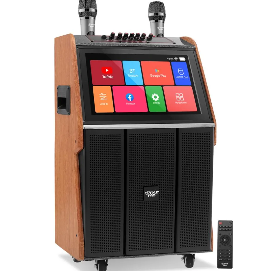 Portable Karaoke Machine, 18.5" Touch Screen, Dual Wireless Mics, Wood/ABS<Pyle Best