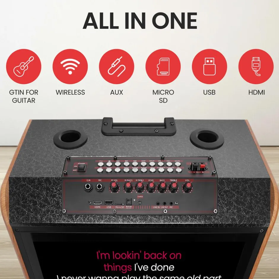 Portable Karaoke Machine, 18.5" Touch Screen, Dual Wireless Mics, Wood/ABS<Pyle Best