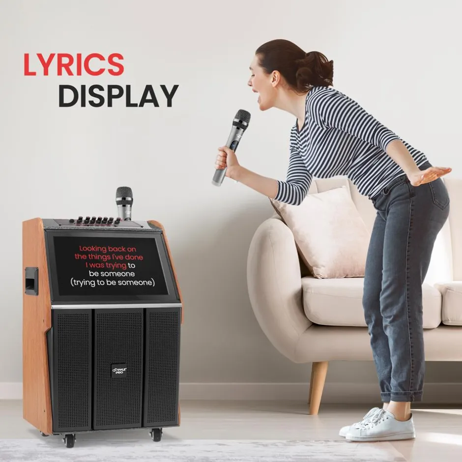 Portable Karaoke Machine, 18.5" Touch Screen, Dual Wireless Mics, Wood/ABS<Pyle Best