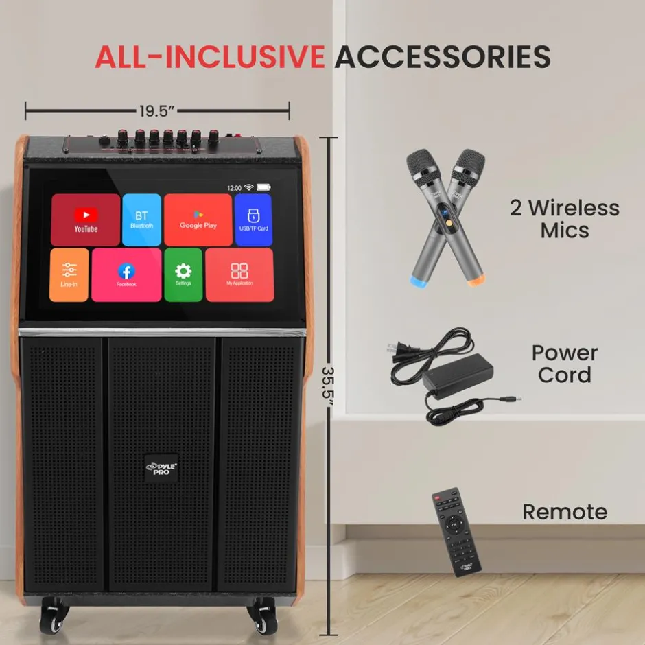Portable Karaoke Machine, 18.5" Touch Screen, Dual Wireless Mics, Wood/ABS<Pyle Best