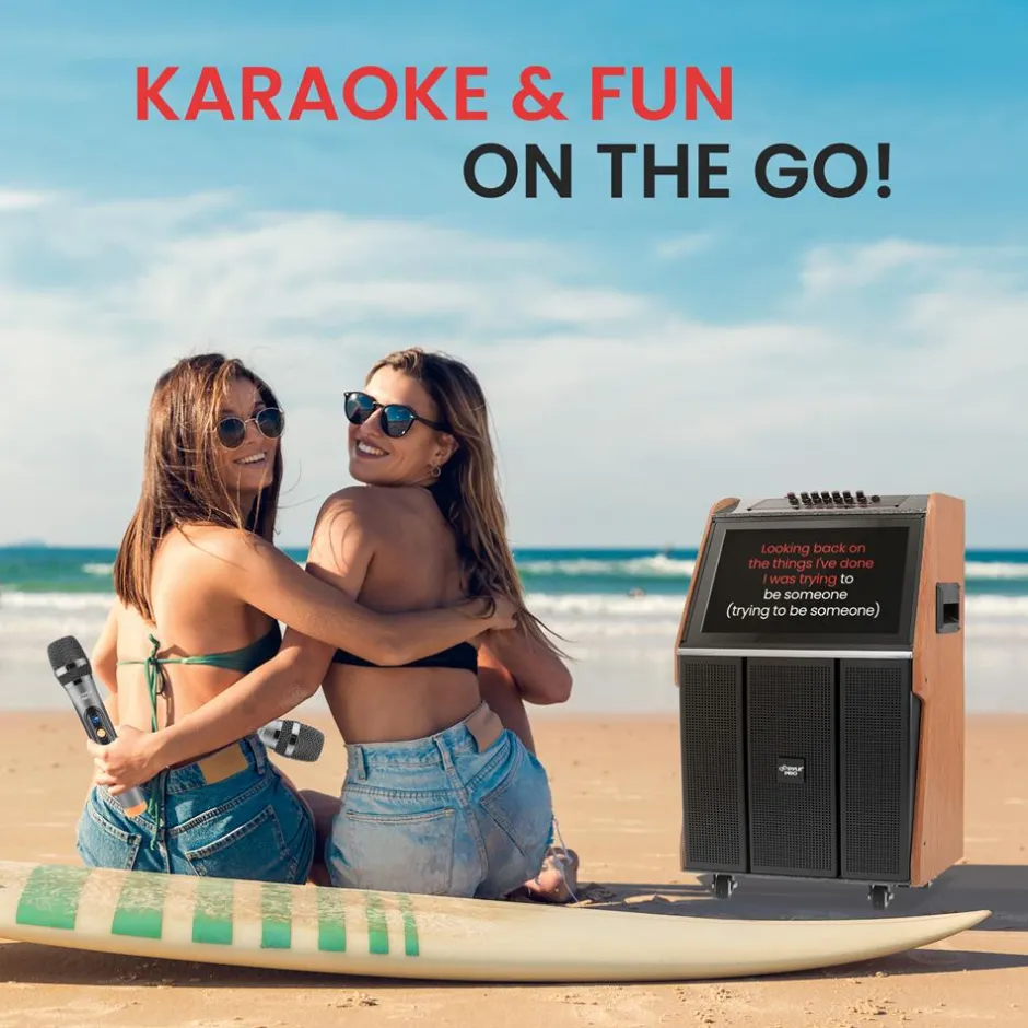 Portable Karaoke Machine, 18.5" Touch Screen, Dual Wireless Mics, Wood/ABS<Pyle Best