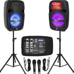 Portable PA Speaker DJ Mixer Bundle, 600W, Bluetooth, LED Lights, 10" Speakers<Pyle Clearance