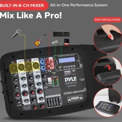 Portable PA Speaker DJ Mixer Bundle, 600W, Bluetooth, LED Lights, 10