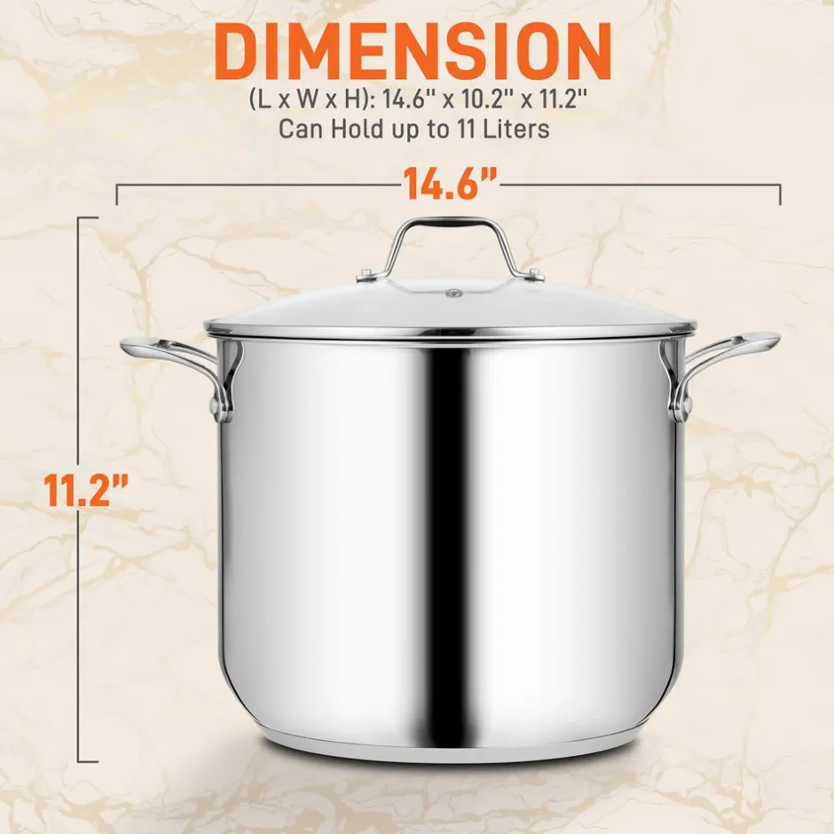 12-Quart Stock Pot, Even Heat, Stainless Steel, Tempered Glass Lid<NutriChef New