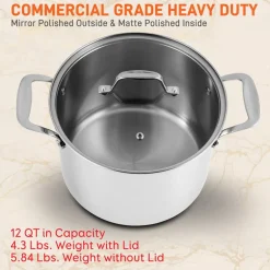 12-Quart Stock Pot, Even Heat, Stainless Steel, Tempered Glass Lid<NutriChef New
