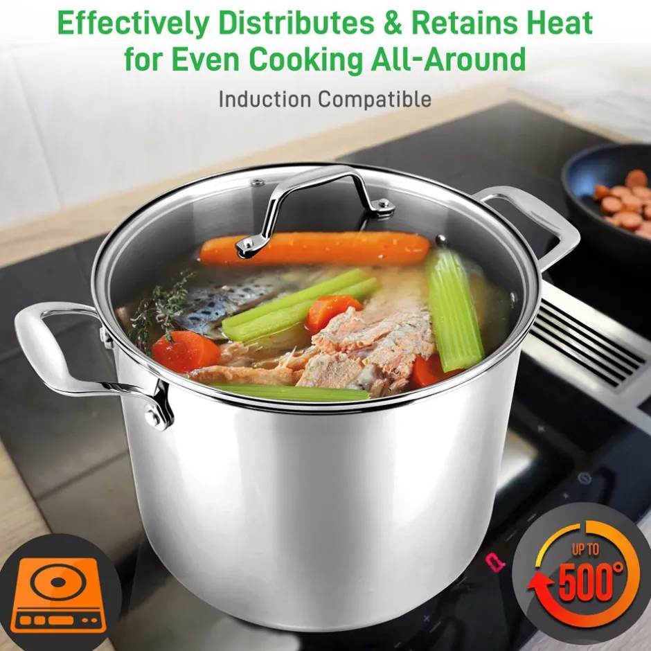 12-Quart Stock Pot, Even Heat, Stainless Steel, Tempered Glass Lid<NutriChef New