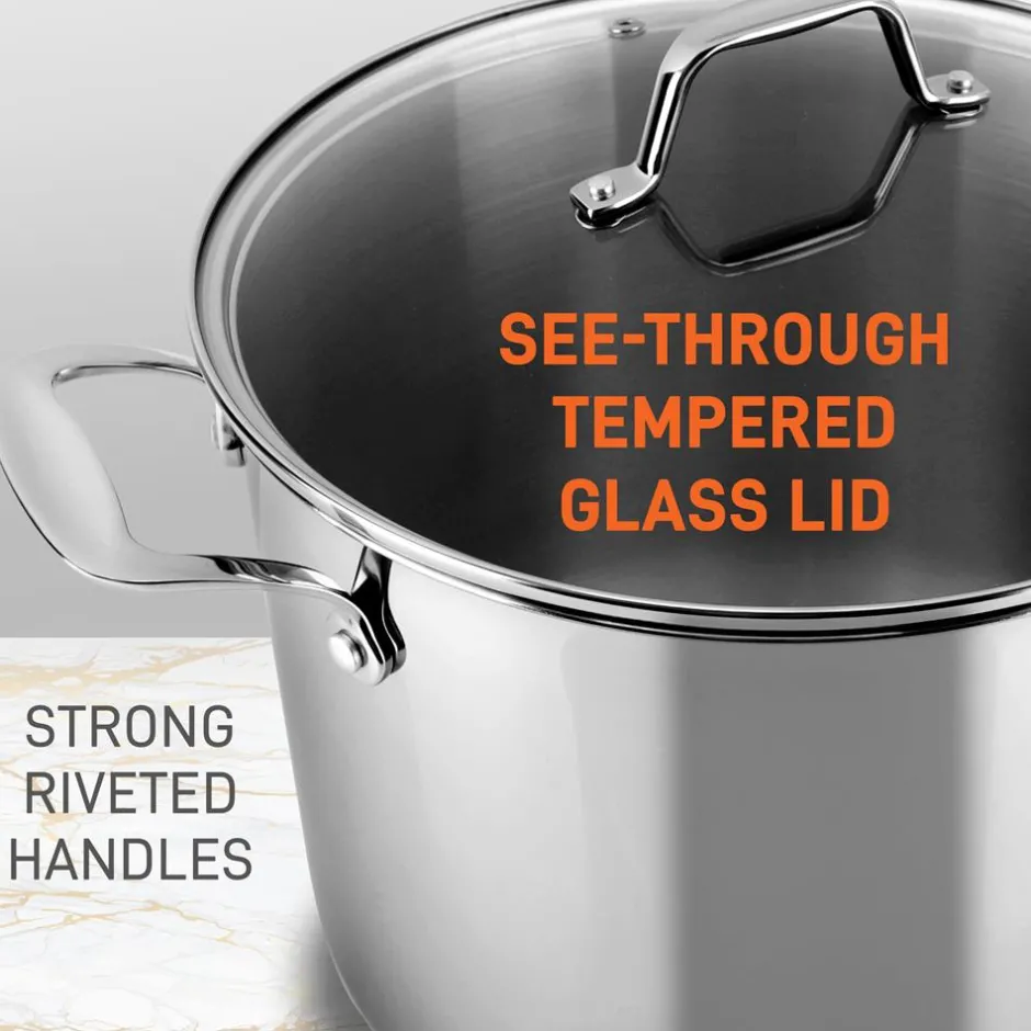 12-Quart Stock Pot, Even Heat, Stainless Steel, Tempered Glass Lid<NutriChef New