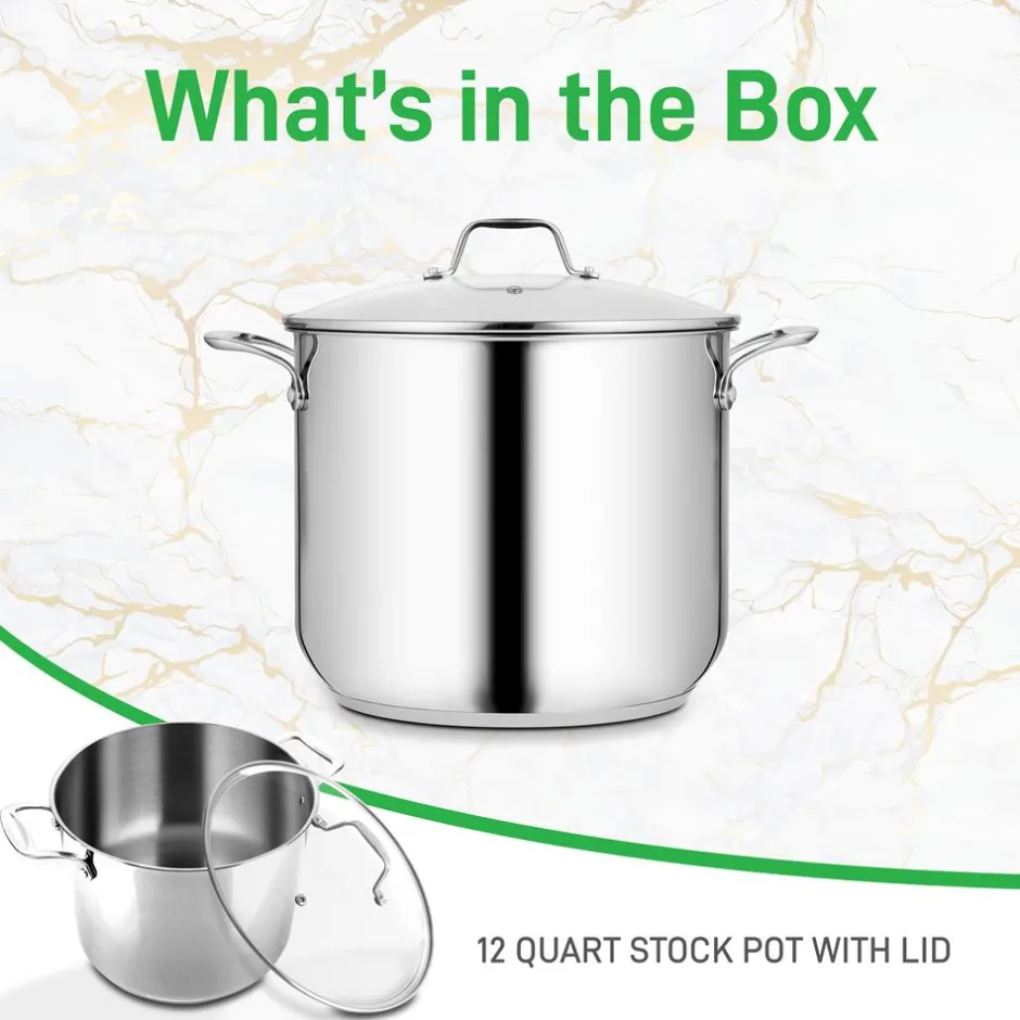 12-Quart Stock Pot, Even Heat, Stainless Steel, Tempered Glass Lid<NutriChef New