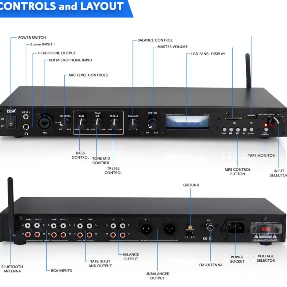 Rack Mount Pre-Amplifier - Bluetooth Streaming, Recording Mode, Metal Panel<Pyle