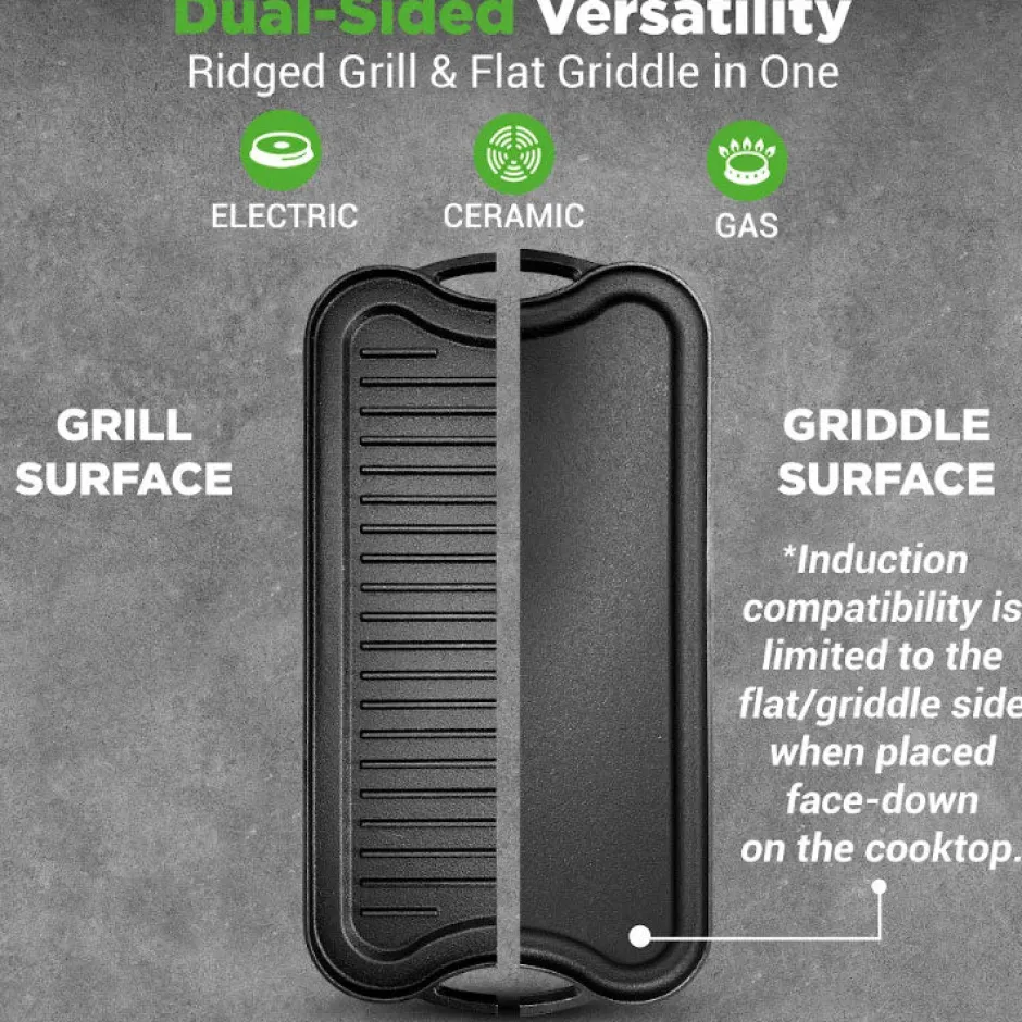 Reversible Cast Iron Griddle - Even Heat, Extra-Wide, Oven Safe<NutriChef Best