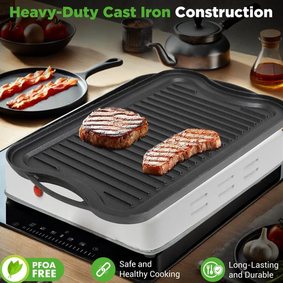 Reversible Cast Iron Griddle - Even Heat, Extra-Wide, Oven Safe<NutriChef Best