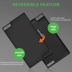 Reversible Cast Iron Grill Pan, Even Heat, 18" Flat & Ridged, Includes Mitt<NutriChef Discount