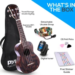 Soprano Ukulele Kit, Learn to Play, Mahogany, Digital Tuner, Gig Bag<Pyle Hot