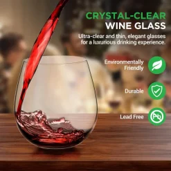 Stemless Wine Glasses Set of 12, Ultra Thin Crystal, Clear, 15 Oz<NutriChef